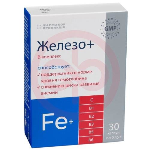 Фармакор железо + в-комплекс капсулы 450мг №30 Фармакор железо + в-комплекс капсулы 450мг №30