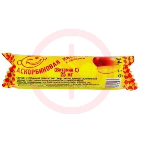 Аскорбиновая кислота с сахаром таблетки жевательные 25мг 3.0г №10 вкус манго крутка Аскорбиновая кислота с сахаром таблетки жевательные 25мг 3.0г №10 вкус манго крутка
