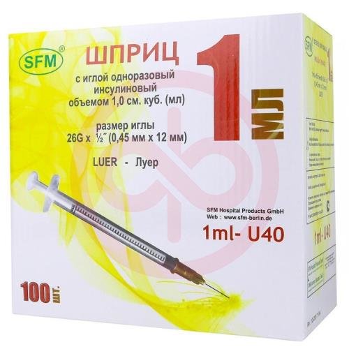 Сфм шприц инсулиновый u-40 1мл №100 3-х ком. съем. игла 26g 0,45 х12,0мм