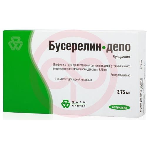 Бусерелин-депо лиофилизат для приготовления суспензии для внутримышечного введения пролонгированного действия 3,75мг 320,93мг №1 в комплекте с растворителем (ампулы) 2 мл, шприцем одноразовым, иглой для инъекций, иглой для растворителя, тампонами спиртовы Бусерелин-депо лиофилизат для приготовления суспензии для внутримышечного введения пролонгированного действия 3,75мг 320,93мг №1 в комплекте с растворителем (ампулы) 2 мл, шприцем одноразовым, иглой для инъекций, иглой для растворителя, тампонами спиртовы