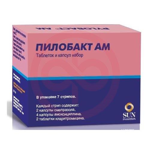 Пилобакт ам таблеток и капсул набор №56 (7х8) /в стрипе-кларитромицин таб п/п/о 500мг-2шт, амоксициллин капс 500мг-4шт, омепразол капс к/р 20мг-2 шт/ Пилобакт ам таблеток и капсул набор №56 (7х8) /в стрипе-кларитромицин таб п/п/о 500мг-2шт, амоксициллин капс 500мг-4шт, омепразол капс к/р 20мг-2 шт/