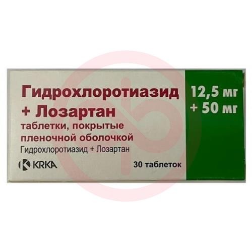 Гидрохлоротиазид + лозартан-тад таблетки покрытые пленочной оболочкой 12.5 мг + 50 мг №30 Гидрохлоротиазид + лозартан-тад таблетки покрытые пленочной оболочкой 12.5 мг + 50 мг №30