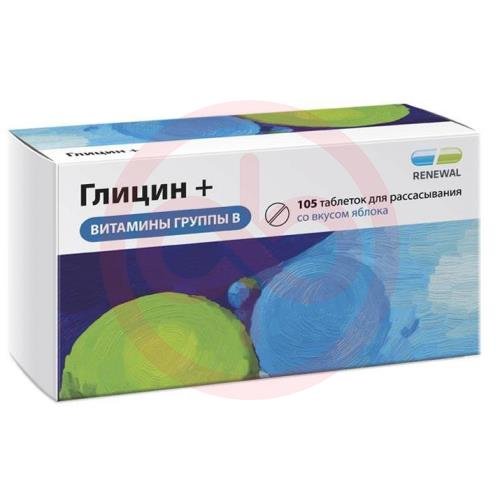 Глицин + витамины группы в таблетки для рассасывания 130мг №105 вкус яблока (бад) Глицин + витамины группы в таблетки для рассасывания 130мг №105 вкус яблока (бад)